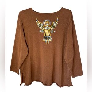 Bob Mackie Wearable Art Chocolate Brown Metallic Mosaic Angel Sweater Sz 2X